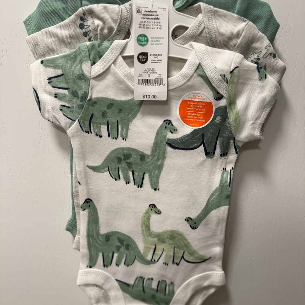 Carter's White and Green Dinosaur Print Baby Bodysuit 3-Pack